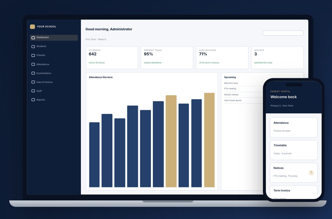 Illustration of the school management dashboard on a laptop and the parent portal on a phone
